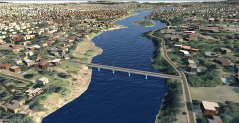 Aerial 3D rendering of an urban area with a river, bridge, residential neighborhoods, and surrounding infrastructure.